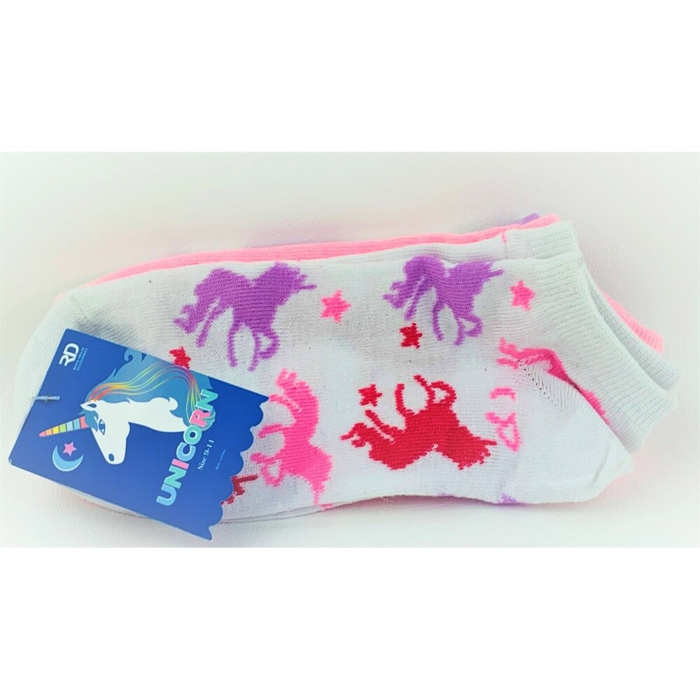 Women's Girls 3 Pk Unicorn Low Cut Socks Novelty Print White Pink,Purple Sz 9-11